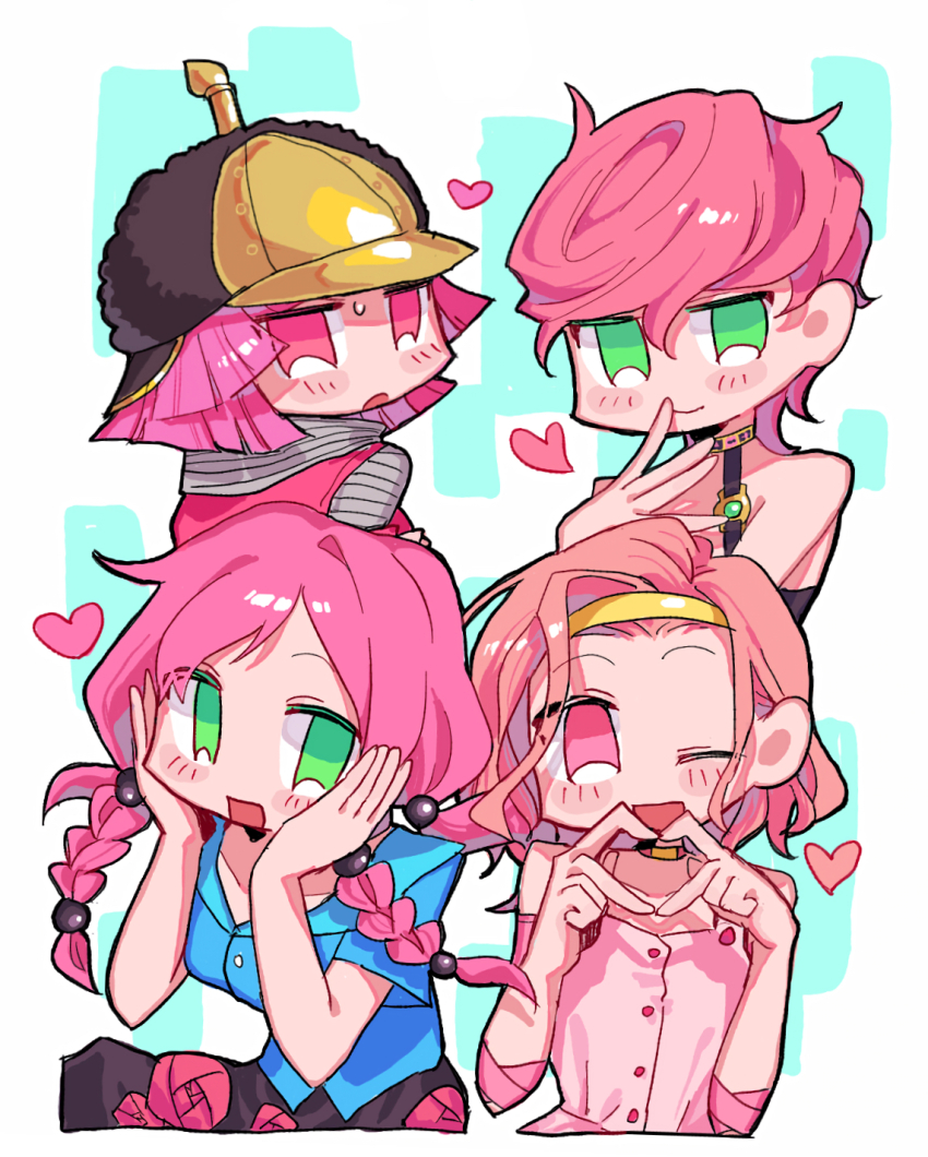 4girls black_helmet blue_shirt bob_cut braid diamond_wa_kudakenai gold_helmet green_eyes grey_sleeves hair_bobbles hair_ornament hairband heart heart_hands helmet highres hirose_yasuho hot_pants_(sbr) jojo_no_kimyou_na_bouken jojolion long_sleeves multiple_girls one_eye_closed panties pink_eyes pink_hair pink_panties pink_shirt pink_sleeves shirt short_sleeves steel_ball_run sugimoto_reimi trish_una underwear user_nwvc3372 vento_aureo