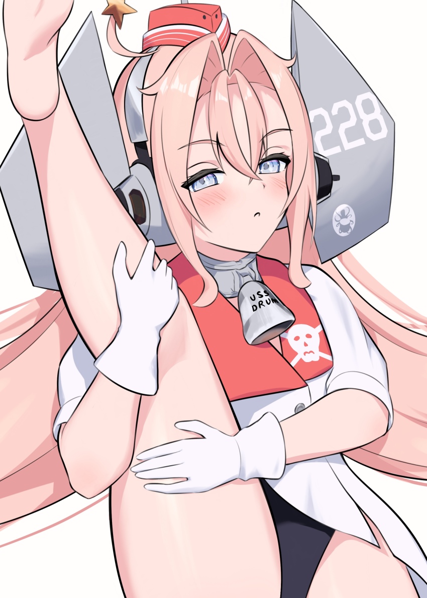 1girl absurdres barefoot bell black_one-piece_swimsuit coat collar drum_(kancolle) garrison_cap grey_eyes hair_ornament hat headgear highres kantai_collection l_meet long_hair looking_at_viewer metal_collar neck_bell one-piece_swimsuit pink_hair red_hat simple_background skull_print solo split standing standing_on_one_leg standing_split star_(symbol) star_hair_ornament swimsuit swimsuit_under_clothes white_background white_coat