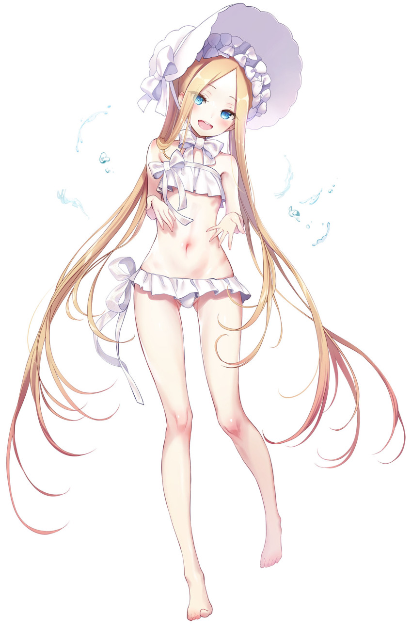 1girl abigail_williams_(fate) abigail_williams_(swimsuit_foreigner)_(fate) abigail_williams_(swimsuit_foreigner)_(third_ascension)_(fate) bare_shoulders barefoot bikini blonde_hair blue_eyes blush bonnet bow breasts fate/grand_order fate_(series) forehead hair_bow hat highres long_hair looking_at_viewer miniskirt navel open_mouth parted_bangs sidelocks skirt small_breasts smile solo swimsuit twintails very_long_hair white_bikini white_bow white_hat youta