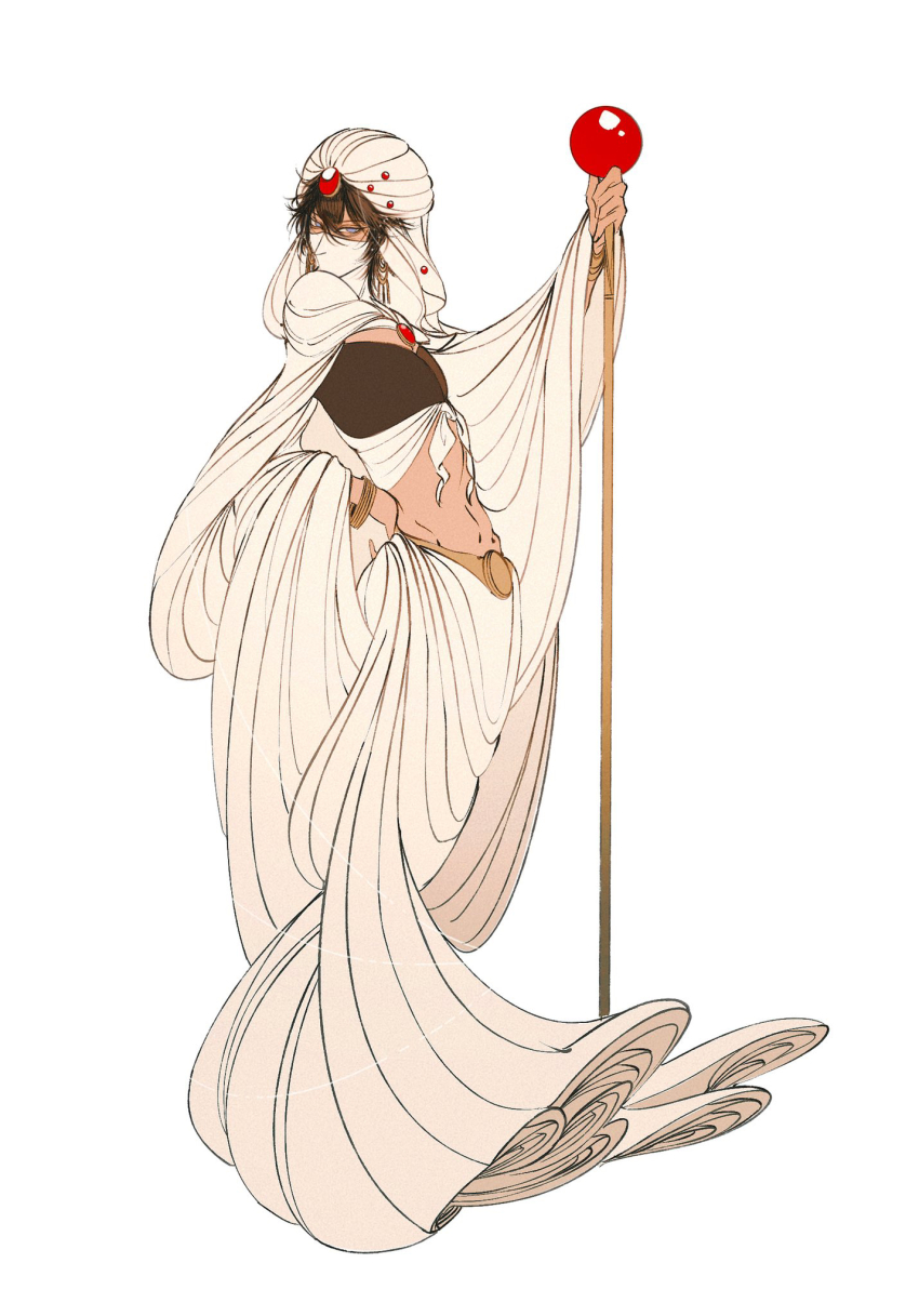 1boy androgynous black_tube_top blue_eyes bracelet brown_hair cape crossdressing crossdressing_(mtf) daonov1 dark-skinned_male dark_skin dorsiflexion_(wrist) earrings final_fantasy final_fantasy_ii gem gold_bracelet hand_on_own_hip highres holding holding_staff hoop_earrings jewelry looking_at_viewer male_focus mask midriff minwu mouth_mask red_gemstone short_hair simple_background skirt solo staff strapless tube_top turban white_background white_cape white_mask white_skirt white_turban