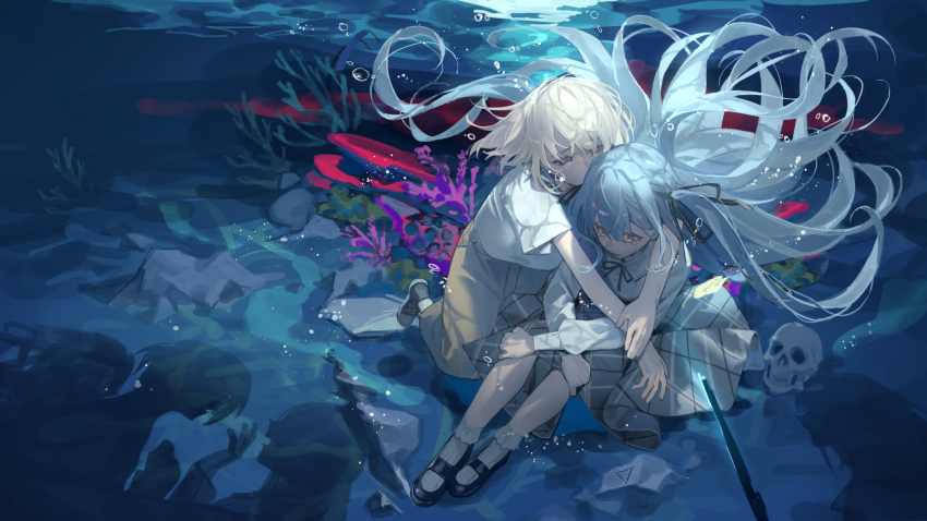 2girls bang_dream! bang_dream!_it&#039;s_mygo!!!!! black_ribbon black_shoes blonde_hair commentary coral crychic_(bang_dream!) floating_hair grey_skirt highres hug kouhiipan long_hair medium_hair medium_skirt misumi_uika multiple_girls nagasaki_soyo neck_ribbon ribbon shadow shiina_taki shirt shoes short_sleeves skirt skull socks symbol-only_commentary takamatsu_tomori togawa_sakiko underwater wakaba_mutsumi white_shirt white_socks