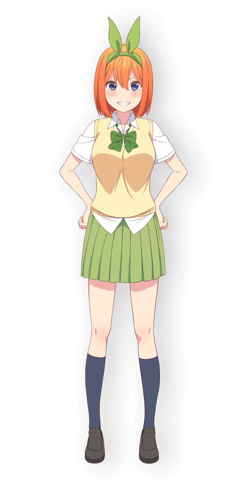 1girl black_shoes black_socks blue_eyes blush bow bowtie breasts collarbone collared_shirt dot_nose female_focus full_body go-toubun_no_hanayome green_bow green_bowtie green_skirt hair_bow hands_on_own_hips highres large_breasts legs looking_at_viewer miniskirt nakano_yotsuba official_art orange_hair pleated_skirt scan school_uniform shirt shirt_under_sweater shirt_under_vest shoes short_hair short_sleeves simple_background skirt smile socks solo solo_focus sweater sweater_vest teeth thighs vest white_shirt yellow_sweater yellow_sweater_vest yellow_vest