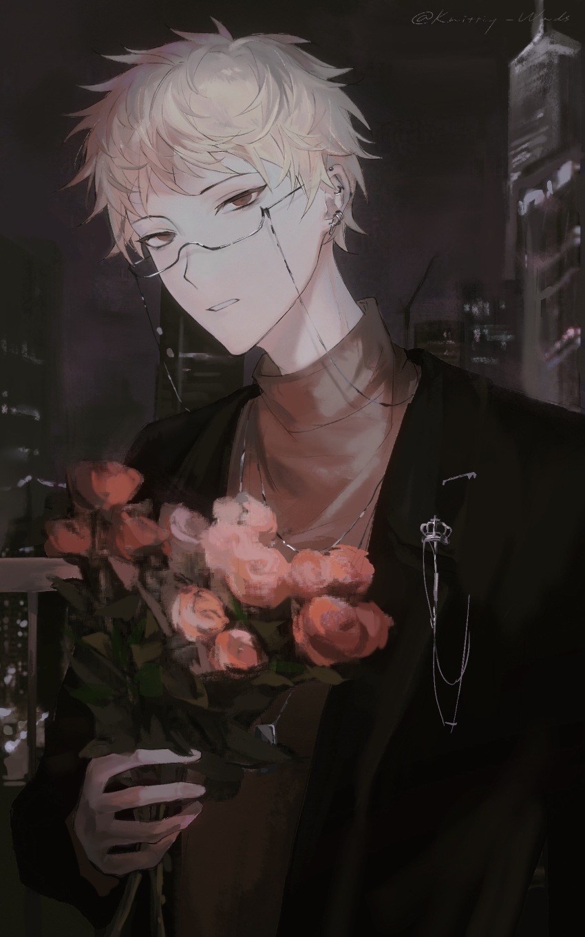 1boy atou_haruki black_jacket blonde_hair brown_sweater building eyewear_strap glasses highres jacket male_focus night open_clothes open_jacket outdoors red_eyes saibou_shinkyoku semi-rimless_eyewear short_hair skyscraper solo sweater turtleneck turtleneck_sweater upper_body zhiyanpianyu55126