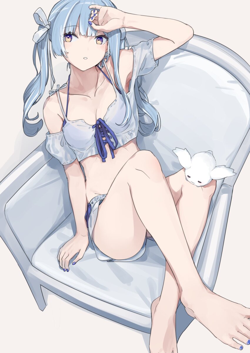 1girl alternate_costume amaui arm_up atsushima barefoot blue_hair blue_nails blunt_bangs bow breasts chair cleavage clothing_cutout commentary_request crop_top expressionless fingernails full_body grey_shirt grey_shorts hair_bow highres long_hair looking_at_viewer multicolored_hair nail_polish nanashi_inc. parted_lips purple_eyes rabbit shirt shorts shoulder_cutout simple_background sitting_sideways small_breasts solo toenail_polish toenails twintails two-tone_hair virtual_youtuber white_background white_bow white_hair