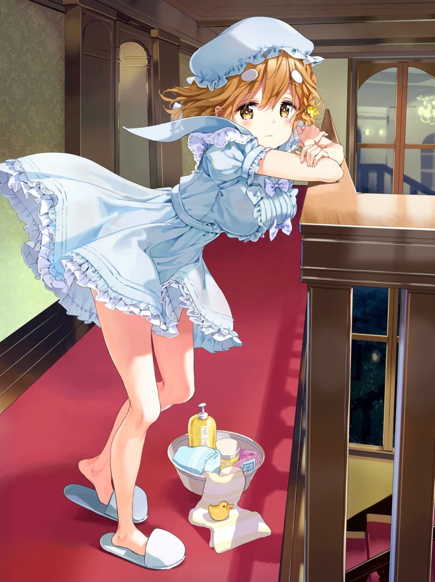 10s 1girl blue_dress braid breasts brown_eyes brown_hair dress feet female_focus flower frilled_dress frilled_hat frills hair_flower hair_ornament hairclip hat highres koiwai_yoshino large_breasts long_legs masamune-kun_no_revenge mob_cap official_art puffy_sleeves rubber_duck short_hair side_braid skirt slippers solo tears tiv wavy_mouth