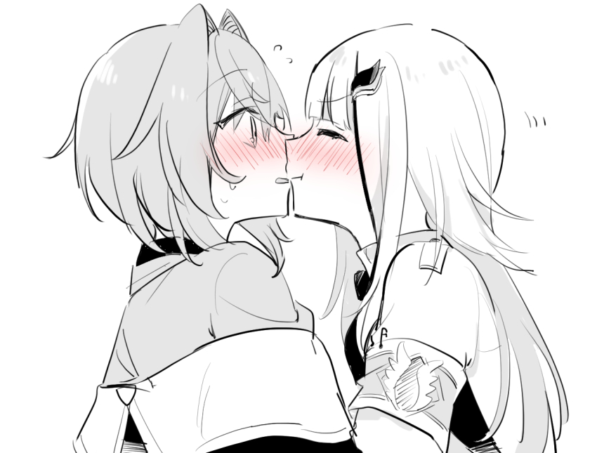 2girls ange_katrina ange_katrina_(1st_costume) blush closed_eyes facing_another flying_sweatdrops from_side greyscale hair_intakes hair_ornament kiss lize_helesta long_hair looking_at_another matsuzaka_(matsuzakagyu_29) monochrome multicolored_hair multiple_girls nijisanji profile short_hair spot_color sweat two-tone_hair upper_body virtual_youtuber white_background yuri