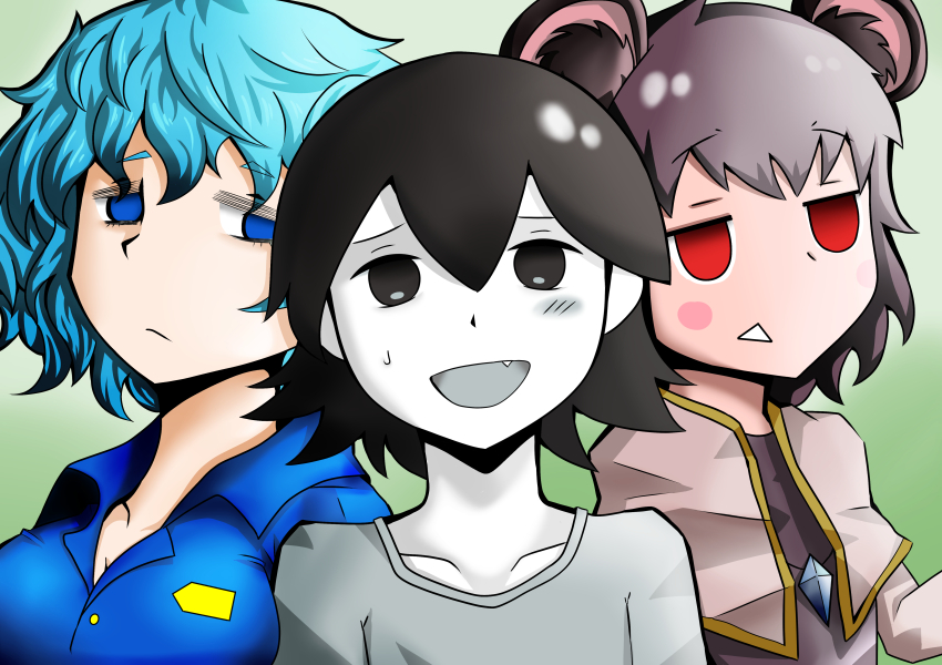 3girls :/ absurdres black_eyes black_hair blue_eyes blue_hair blue_shirt blush_stickers breasts capelet chikiji_(chickchickjo) cleavage colored_skin commentary cookie_(touhou) empty_eyes english_commentary fang frown gradient_background grey_capelet grey_hair highres kawashiro_nitori kofji_(cookie) medium_breasts messy_hair mixed-language_commentary multiple_girls nazrin red_eyes shirt short_hair sweatdrop touhou triangle_mouth white_skin