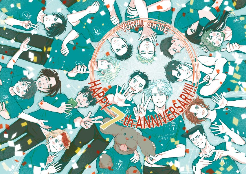 2girls 6+boys ^_^ absurdres anniversary beard black_hair blonde_hair blue_eyes brown_eyes brown_hair cellphone christophe_giacometti circle_formation closed_eyes confetti copyright_name dog emil_nekola facial_hair fang from_above georgi_popovich green_eyes happy_anniversary heart heart_hands highres it&#039;s_j.j._style! jean-jacques_leroy jewelry ji_guang-hong katsuki_yuuri koizumi_riu lee_seung-gil leo_de_la_iglesia lying makkachin michele_crispino mila_babicheva minami_kenjirou multicolored_hair multiple_boys multiple_girls on_back one_eye_closed open_mouth otabek_altin phichit_chulanont phone red_hair ring sara_crispino shirt smartphone smile t-shirt two-tone_hair v viktor_nikiforov white_hair yuri!!!_on_ice yuri_plisetsky