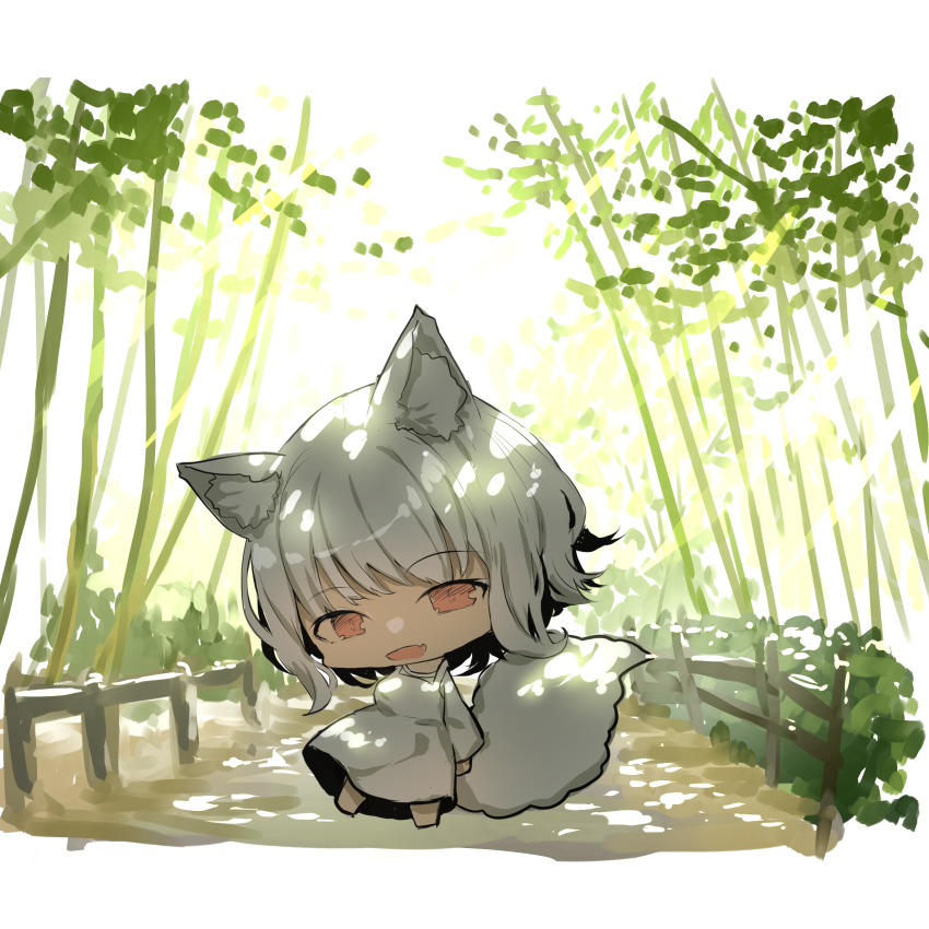 1girl :d absurdres animal_ear_fluff animal_ears bamboo bamboo_forest barefoot chibi commentary_request day dress fence forest fox_ears fox_girl fox_tail highres long_sleeves looking_at_viewer nature open_mouth original outdoors red_eyes smile solo sunlight tail white_dress white_hair yuuji_(yukimimi)