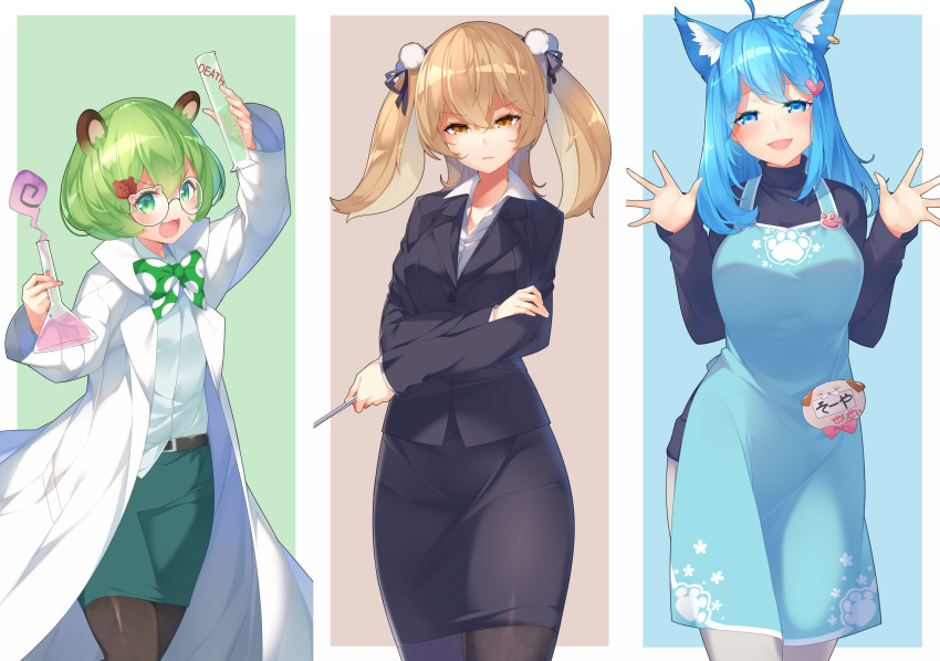3girls nanashi_inc. :3 :d ahoge animal_ear_fluff animal_ears animare apron arm_up bear_ears bear_hair_ornament belt belt_buckle black_belt black_jacket black_legwear black_ribbon black_shirt black_skirt blue_apron blue_eyes blue_hair braid breasts brown_eyes buckle collared_shirt commentary_request crossed_arms dress_shirt ear_piercing erlenmeyer_flask fang flask formal_clothes glasses green_eyes green_hair green_skirt grey_pants hair_between_eyes hair_ornament hair_ribbon hands_up head_tilt heart heart_hair_ornament highres hinokuma_ran holding inaba_haneru_(animare) jacket kokka_han lab_coat light_brown_hair long_hair long_sleeves looking_at_viewer medium_breasts multiple_girls name_tag open_clothes open_mouth pants pantyhose parted_lips pencil_skirt piercing ribbon round_eyewear shirt short_hair skirt skirt_suit smile souya_ichika suit turtleneck twintails v-shaped_eyebrows virtual_youtuber white_shirt