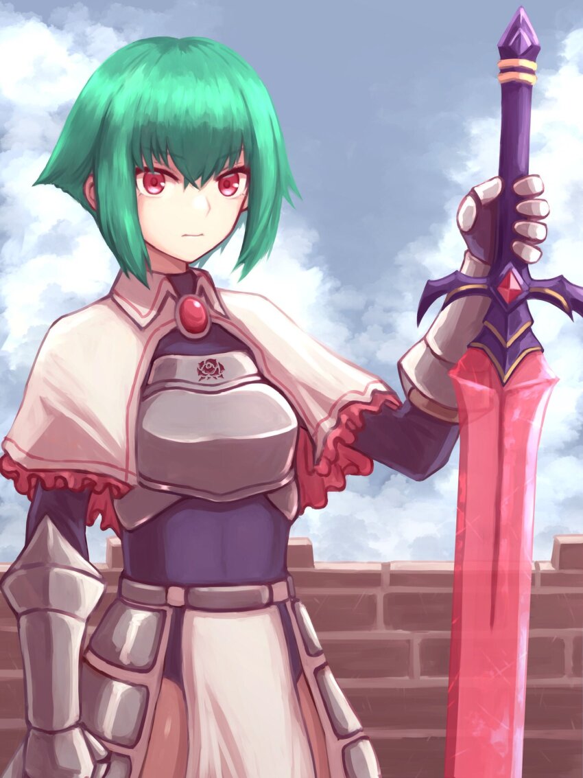 1girl armor armored_dress asellus_(saga_frontier) closed_mouth cloud dress gauntlets gloves green_hair highres kitaokasensei leotard looking_at_viewer red_eyes saga saga_frontier short_hair solo sword weapon