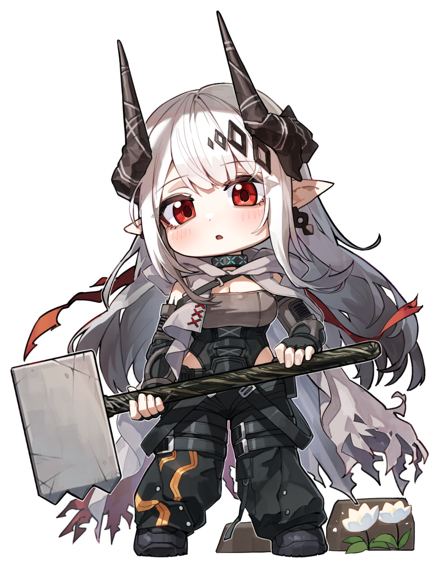1girl arknights black_horns black_pants blush breasts cape chibi cleavage commentary full_body grey_cape grey_hair hammer highres holding holding_hammer holding_weapon horns infection_monitor_(arknights) kokukyukeo long_hair medium_breasts mudrock_(arknights) mudrock_(rubble)_(arknights) official_alternate_costume open_mouth pants pointy_ears red_eyes sledgehammer solo standing torn_cape torn_clothes weapon