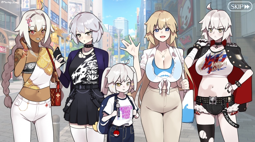 5girls ahoge blonde_hair blue_eyes blush braid breasts contemporary dark-skinned_female dark_skin face_piercing fate/apocrypha fate/grand_order fate/samurai_remnant fate_(series) grey_hair highres jeanne_d&#039;arc_(fate) jeanne_d&#039;arc_(ruler)_(fate) jeanne_d&#039;arc_alter_(avenger)_(fate) jeanne_d&#039;arc_alter_(fate) jeanne_d&#039;arc_alter_(lancer)_(fate) jeanne_d&#039;arc_alter_santa_lily_(fate) lakshmibai_(fate) large_breasts long_hair looking_at_viewer medium_breasts monkey_jon multiple_girls nose_piercing open_mouth piercing red_eyes short_hair sidelocks small_breasts smile thighs twin_braids very_long_hair white_hair yellow_eyes