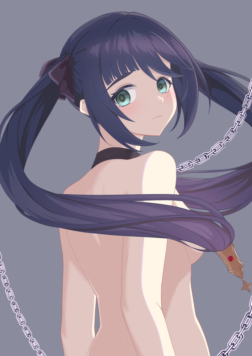 1girl absurdres back bdsm black_collar black_hair breasts chain chain_leash closed_mouth collar floating_hair from_behind genshin_impact green_eyes hair_ribbon highres leash long_hair looking_at_viewer looking_back mona_(genshin_impact) nude paperface purple_hair ribbon slave small_breasts solo twintails upper_body very_long_hair