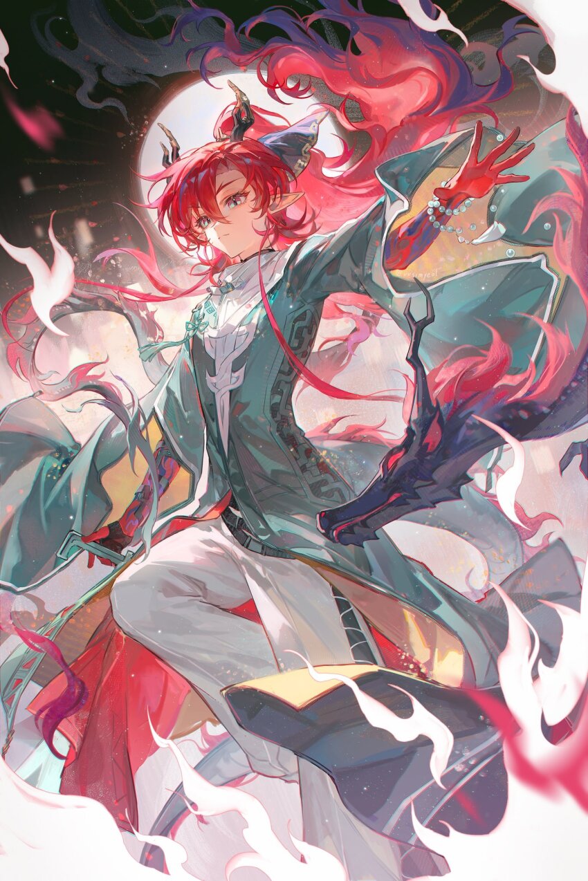 1boy arknights bead_bracelet beads black_background blue_eyes bracelet chinese_clothes chinese_commentary colored_extremities colored_skin commentary_request dragon dragon_boy dragon_horns dragon_tail eastern_dragon feet_out_of_frame fire from_below frown full_moon green_jacket highres horns jacket jewelry knee_up long_sleeves looking_at_viewer looking_down male_focus moon outstretched_arms pants pointy_ears ponytail red_hair red_skin smusmuye solo spread_arms tail white_pants wide_sleeves yu_(arknights)