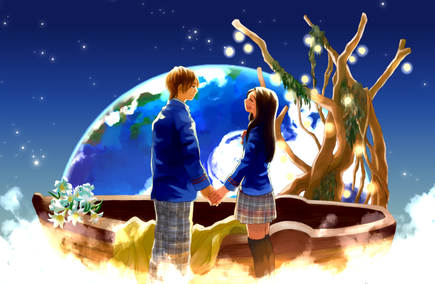 1boy black_hair brown_eyes brown_hair earth_(planet) closed_eyes highres joujima_yuuki kamen_rider kamen_rider_fourze_(series) long_hair mochimoto_(polka) open_mouth school_uniform short_hair skirt smile tears utahoshi_kengo