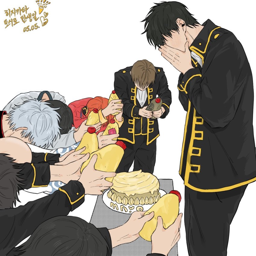 1girl 6+boys bald black_hair black_jacket black_pants black_shirt blush bottle brown_hair bun_cover cake character_request chinese_clothes commentary_request covering_face food gintama grey_hair grey_kimono highres hijikata_toushirou holding holding_bottle jacket japanese_clothes kimono kondou_isao korean_text long_sleeves mayonnaise meme multiple_boys okita_sougo open_clothes open_jacket orange_hair pants red_shirt sakata_gintoki shimura_shinpachi shirt simple_background translation_request white_background wjdtkddksla yamazaki_sagaru