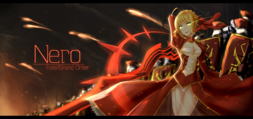 10s 1girl 6+boys ahoge armor blonde_hair braid breasts character_name cleavage epaulettes fate/extra fate/grand_order fate_(series) fire glowing glowing_eyes green_eyes helmet highres mag mag_(mag42) medium_breasts multiple_boys nero_claudius_(fate) nero_claudius_(fate/extra) see-through_clothes shield sword weapon