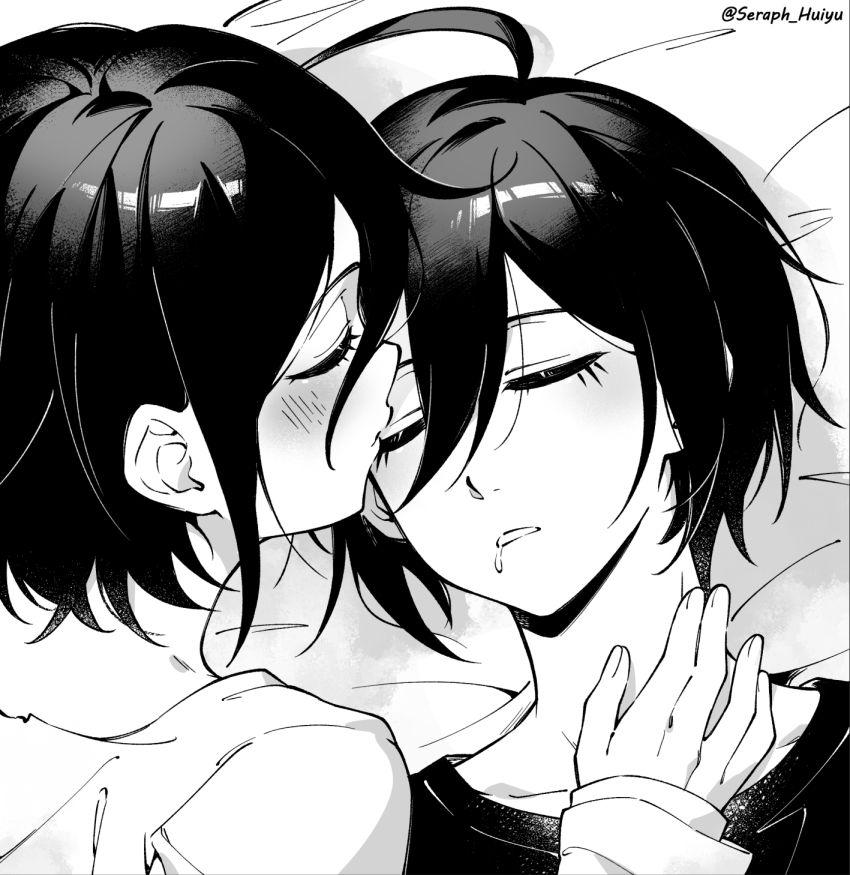 2boys ahoge alternate_costume blush collarbone danganronpa_(series) danganronpa_v3:_killing_harmony ewa_(seraphhuiyu) highres kiss kissing_eye long_sleeves lying male_focus multiple_boys no_neckwear oma_kokichi on_back saihara_shuichi saliva shirt short_hair sleeping yaoi