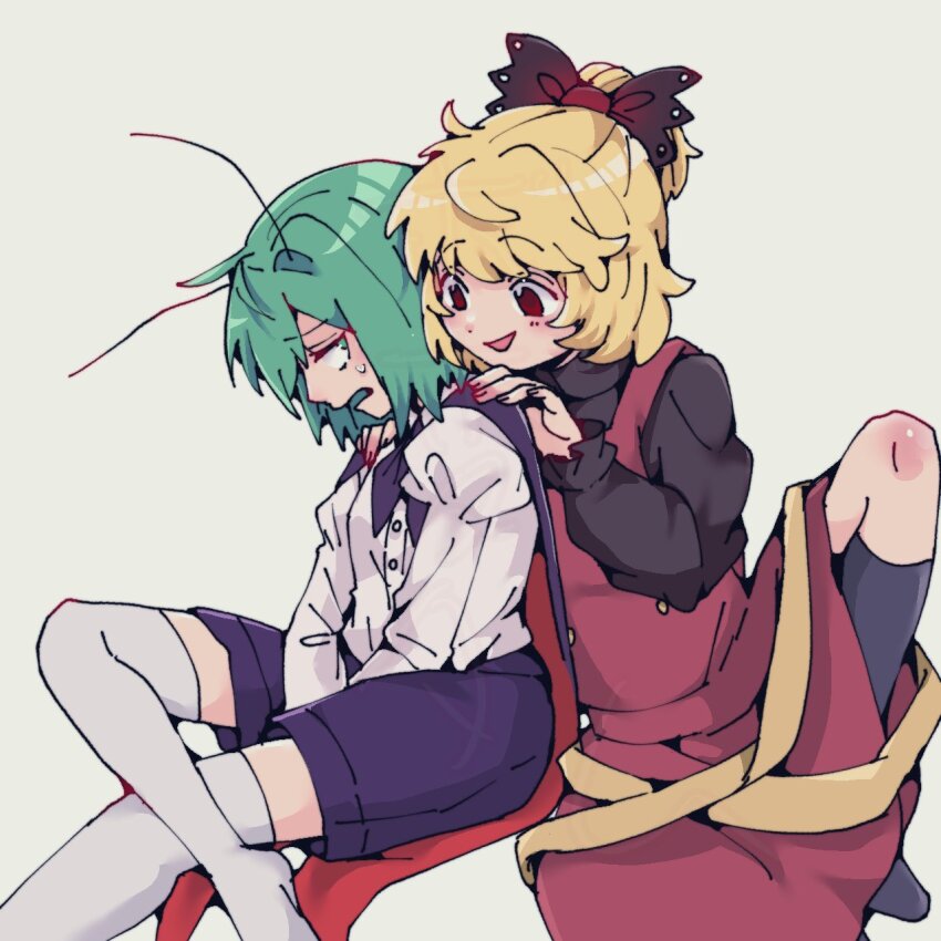 2girls black_bow black_cape black_shirt black_shorts black_socks blonde_hair blush bobotatamu bow brown_dress cape commentary_request dress foot_out_of_frame green_hair grey_background hair_bow hair_bun hair_intakes hand_on_another&#039;s_shoulder highres juliet_sleeves kurodani_yamame long_dress long_sleeves looking_at_another multiple_girls no_shoes open_mouth pinafore_dress puffy_sleeves red_cape red_eyes ribbon shirt short_hair shorts simple_background single_hair_bun sleeveless sleeveless_dress socks thighhighs touhou two-sided_cape two-sided_fabric white_shirt white_thighhighs wriggle_nightbug yellow_ribbon