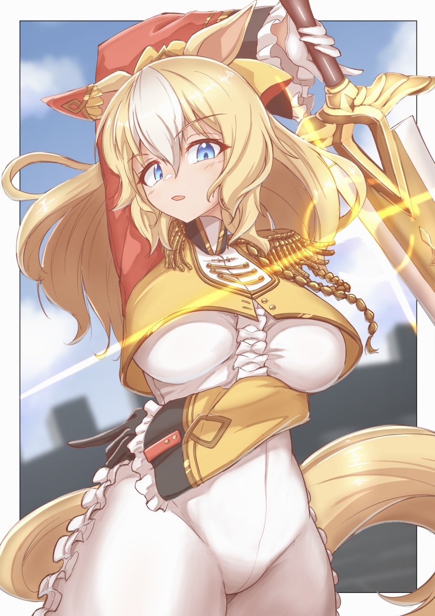 1girl absurdres animal_ears arm_above_head asymmetrical_gloves black_gloves blonde_hair blue_eyes blush bodysuit breasts commentary_request crop_top crop_top_overhang cropped_jacket diffraction_spikes durandal_(umamusume) ear_covers ear_ornament epaulettes flova11 fourragere frilled_bodysuit frilled_sleeves frills from_below gloves hair_between_eyes high_collar highres horse_ears horse_girl horse_tail long_hair long_sleeves looking_at_viewer mismatched_gloves multicolored_hair open_mouth outdoors outside_border partial_commentary pointing single_ear_cover solo sword tail two-tone_hair umamusume weapon white_bodysuit white_hair