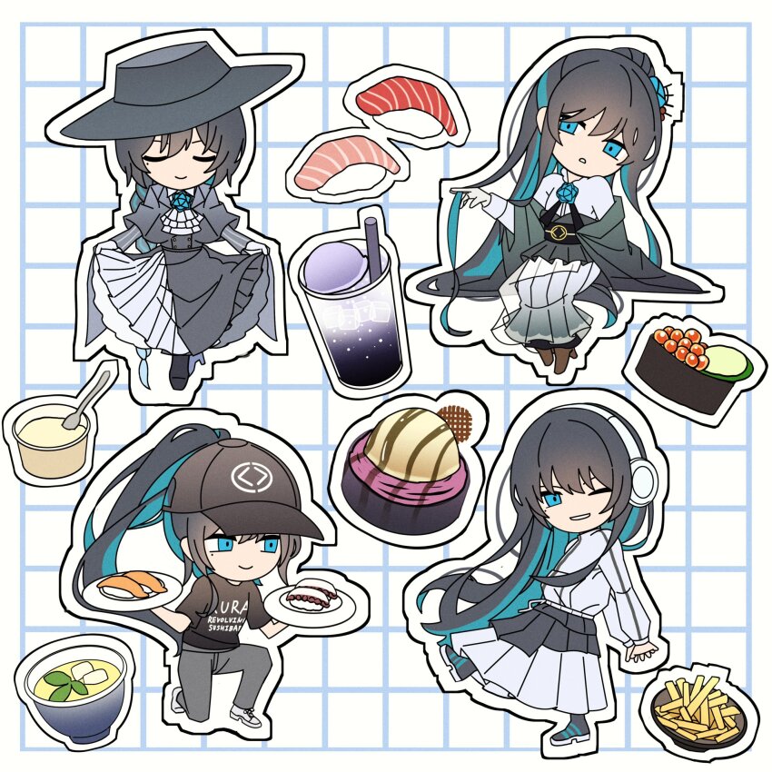 1girl ado_(utaite) baseball_cap black_dress black_hair black_hat black_shirt blue_eyes blue_hair braid chando_(ado) closed_eyes colored_inner_hair commentary_request dress drinking_straw fish_(food) food french_fries grey_pants grey_skirt gunkanmaki hat headphones highres ice_cream jacket kura_sushi long_hair long_sleeves looking_at_viewer multicolored_hair multiple_views nigirizushi off_shoulder one_eye_closed open_mouth pants pike_(azas_ef) shirt short_sleeves skirt skirt_hold streaked_hair sushi utaite white_jacket white_skirt