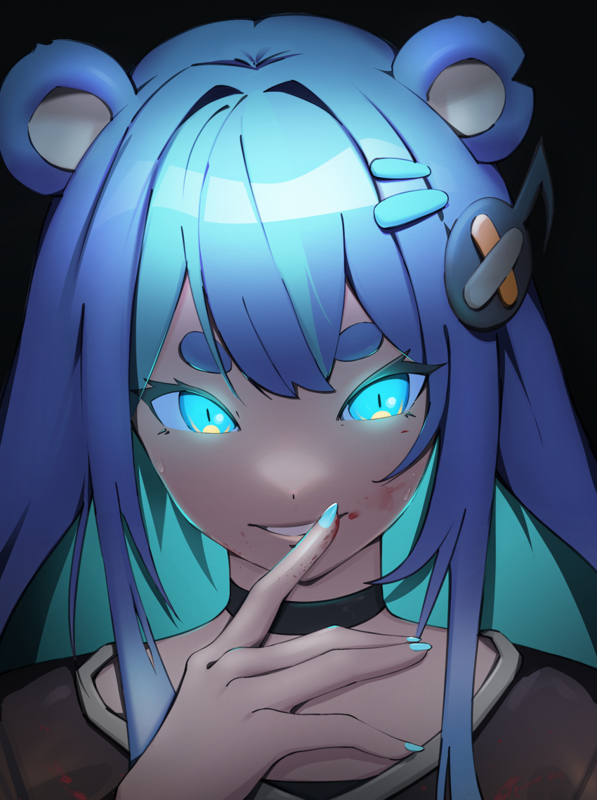 1girl animal_ears aqua_eyes aqua_hair aqua_nails bear_ears bear_girl black_background black_choker blood blood_on_clothes blood_on_face blue_hair chachironi3 choker colored_inner_hair commentary dark english_commentary evil_smile eyebrows_hidden_by_hair fortissimo fujikura_uruka glowing glowing_eyes hair_intakes hair_ornament hairclip hand_up highres long_hair looking_at_viewer mixed-language_commentary multicolored_hair musical_note musical_note_hair_ornament notched_ear open_hand parted_lips phase_connect portrait sidelocks simple_background slit_pupils smile solo straight-on straight_hair streaked_hair teeth thick_eyebrows tsurime virtual_youtuber