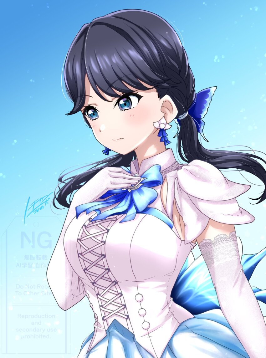 1girl alt_text aurora_flower_(love_live!) blue_background blue_eyes blue_hair blue_ribbon blue_skirt blue_wings blush breasts butterfly_hair_ornament butterfly_wings closed_mouth commentary_request cross-laced_clothes cross-laced_top elbow_gloves fake_wings gloves gradient_background hair_ornament hand_on_own_chest highres insect_wings large_breasts link!_like!_love_live! long_hair love_live! low_twintails murano_sayaka neck_ribbon noochan_chonoda official_alternate_costume pleated_skirt ribbon shirt short_sleeves signature simple_background skirt solo split_mouth twintails upper_body v-shaped_eyebrows virtual_youtuber watermark white_gloves white_shirt wings