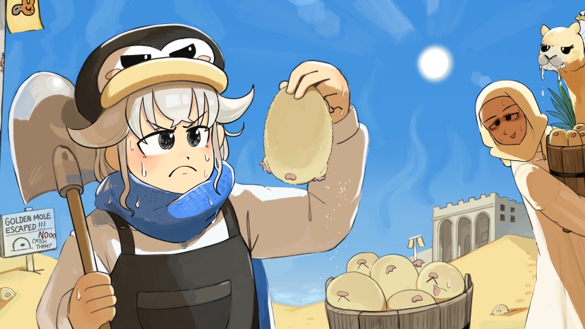 2girls absurdres bird black_overalls blue_scarf camel commentary desert desert_area_keeper_(diva) diva_(hyxpk) donut_stamp drooling duck english_commentary frown golden_mole grey_hair hat highres hijab holding holding_shovel hot mole_(animal) multiple_girls overalls penguin_hat penguin_keeper_(diva) robe sand scarf shirt shovel slice_of_life sun sweat white_robe white_shirt yellow_hijab zoo zookeeper zookeepers_(diva)