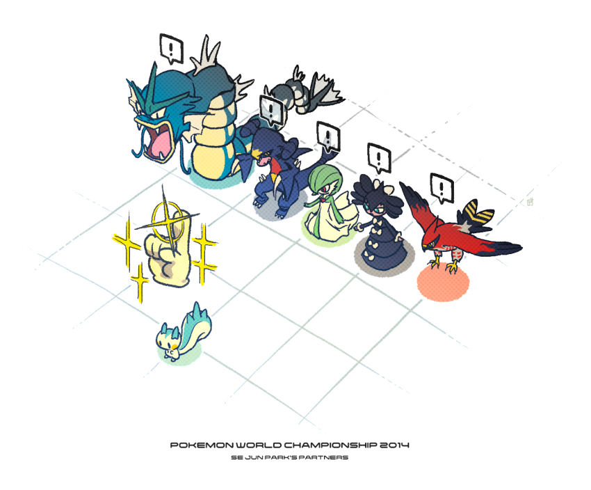 ! 2014 blue_eyes claws closed_mouth commentary_request english_text fangs flying follow_me_(pokemon) garchomp gardevoir gen_1_pokemon gen_3_pokemon gen_4_pokemon gen_5_pokemon gen_6_pokemon gothitelle gyarados nintendo no_humans open_mouth pachirisu pokemon pokemon_(creature) pokemon_focus pokemon_move pp-pi red_eyes spikes spoken_exclamation_mark standing talonflame video_game_championships_2014 white_background