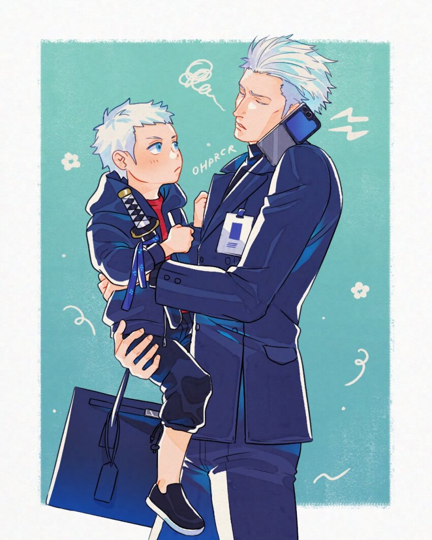 2boys aged_down aqua_background artist_name blue_eyes blue_jacket blue_suit border briefcase carrying cellphone child_carry closed_eyes commentary devil_may_cry_(series) english_commentary father_and_son formal_clothes frown highres jacket katana looking_at_another multiple_boys nero_(devil_may_cry) ohprcr outside_border phone red_shirt shirt short_hair smartphone squiggle suit sword talking_on_phone toy_sword vergil_(devil_may_cry) weapon white_border white_hair yamato_(sword)