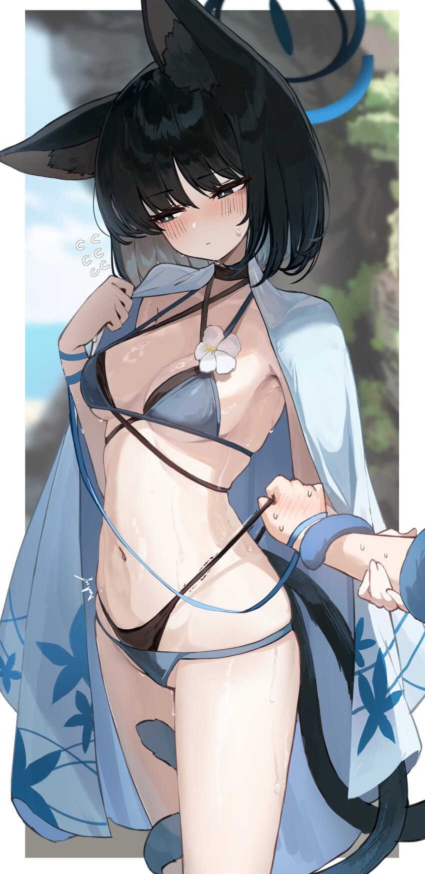 1girl absurdres animal_ear_fluff animal_ears bikini black_hair blue_archive blue_bikini blue_haori blush breasts cat_ears cat_girl cat_tail closed_mouth haori highres holding_another&#039;s_wrist japanese_clothes kabedoru kikyou_(blue_archive) kikyou_(swimsuit)_(blue_archive) looking_to_the_side multiple_tails official_alternate_costume short_hair solo sweatdrop swimsuit tail tail_wrap two_tails