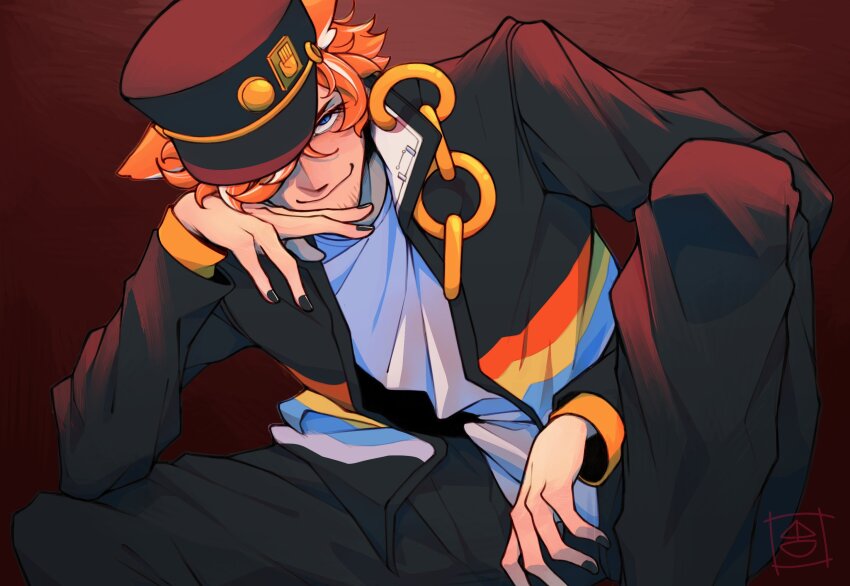 1boy :3 animal_ears animification beard_stubble black_jacket blue_eyes boats_(no_b0ats_r_cool) chain commentary cosplay dream_smp english_commentary facial_hair fox_boy fox_ears fundy_(youtuber) hat highres humanization jacket jojo_no_kimyou_na_bouken kujo_jotaro_(cosplay) kuujou_joutarou looking_at_viewer male_focus minecraft_youtube multicolored_hair open_clothes open_jacket orange_hair pants signature sitting smile smug solo streaked_hair stubble