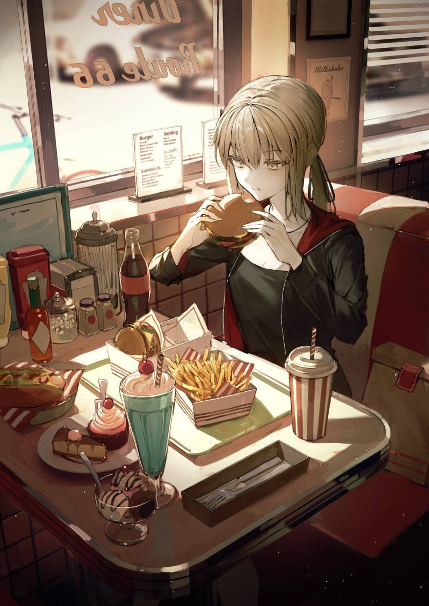 1girl :t absurdres artoria_pendragon_(fate) black_jacket black_shirt booth_seating brown_eyes burger diner drink eating fate/grand_order fate_(series) food french_fries glass_bottle hair_between_eyes highres holding holding_burger holding_food hood hood_down hooded_jacket indoors jacket light_brown_hair long_hair looking_at_food low_ponytail menu_board open_clothes open_jacket ponytail saber_alter saber_alter_(ver._shinjuku_1999) saber_alter_(ver._shinjuku_1999)_(fate) shirt sidelocks sitting solo table tamitami window window_blinds