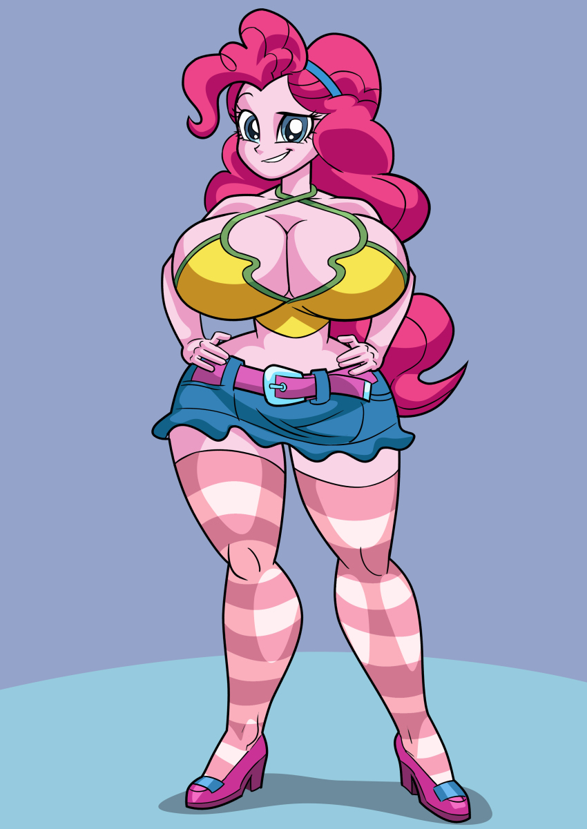 1girl absurdres art-2u bimbofication breasts cleavage clothes commission cosplay crossover halterneck hands_on_own_hips hasbro highres huge_breasts iihara_nao looking_at_viewer my_little_pony my_little_pony:_equestria_girls my_little_pony:_friendship_is_magic pinkie_pie pinkie_pie_(equestria_girls) resort_boin shorts socks striped_clothes striped_socks thighhighs