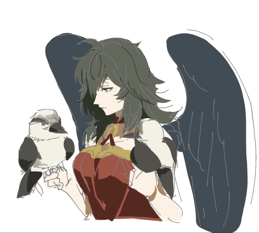 1girl bare_shoulders bird bird_girl bird_wings black_hair black_wings feathered_wings fire_emblem fire_emblem:_radiant_dawn highres long_hair messy_hair nintendo sutekina_yari vika_(fire_emblem) wings