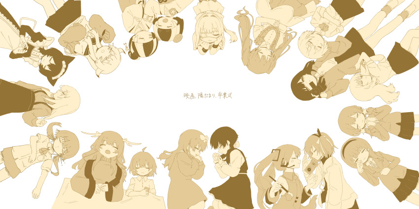 3h3983 6+girls a.i._voice absurdres adachi_rei album_name babel_(utau) blazer blunt_bangs camcorder camera cat_girl catfight_(synthesizer_v) chikyuu_no_ura_(cevio) closed_eyes collared_shirt commentary_request create-girl_(vocaloid) creator_connection daijoyuu-san_(synthesizer_v) dear_my_witchcraft_(vocaloid) dragon_girl dress eastern_dragon_horns eyepatch frilled_dress frills golden_number_(vocaloid) hair_ornament hairband hatsune_miku highres hoho_ga_kawaku_made_(vocaloid) holding holding_camera holding_paintbrush horns isei_(iyowa) isei_ni_ikou_ne_(cevio) issen_kounen_(vocaloid) iyowa_(igusuri_please)_(style) iyowa_girls jacket kaneko_(iyowa) kinki-chan_(iyowa) lime_(maimaimaigoen) lion_(maimaimaigoen) long_hair long_sleeves looking_at_viewer lying maho-chan_(iyowa) maid maid_headdress maimaimaigoen medical_eyepatch momo_(iyowa) momoiro_no_kagi_(vocaloid) monochrome multicolored_hair multiple_girls neck_ribbon netsu_ijou_(utau) on_back one_side_up own_hands_clasped own_hands_together paintbrush pajamy_(character)_(iyowa) pinafore_dress pleated_skirt ponytail ribbon riko_(iyowa) school_uniform serafuku shared_blanket shirt short_hair simple_background skirt sleeping sleeveless sleeveless_dress star_(symbol) star_hair_ornament suspender_skirt suspenders sweater twintails two-tone_hair under_covers ura_(iyowa) utau video_camera vocaloid watashi_wa_kinki_(vocaloid) white_background yumemiru_uroko_(voisona) yuu_(iyowa)