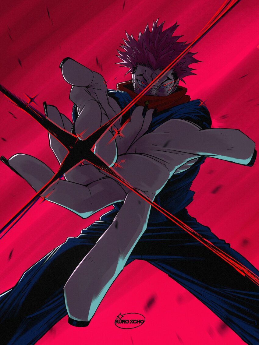 1boy artist_name black_jacket black_nails black_pants commentary covered_mouth extra_eyes eye_trail facial_tattoo finger_gun firing firing_at_viewer forehead_tattoo four_eyes hand_focus high_collar highres jacket jujutsu_kaisen jujutsu_tech_uniform kuroxcho light_trail looking_at_viewer male_focus own_hands_together pants red_background red_eyes red_hair ryoumen_sukuna_(jujutsu_kaisen) school_uniform short_hair solo spiked_hair tattoo undercut