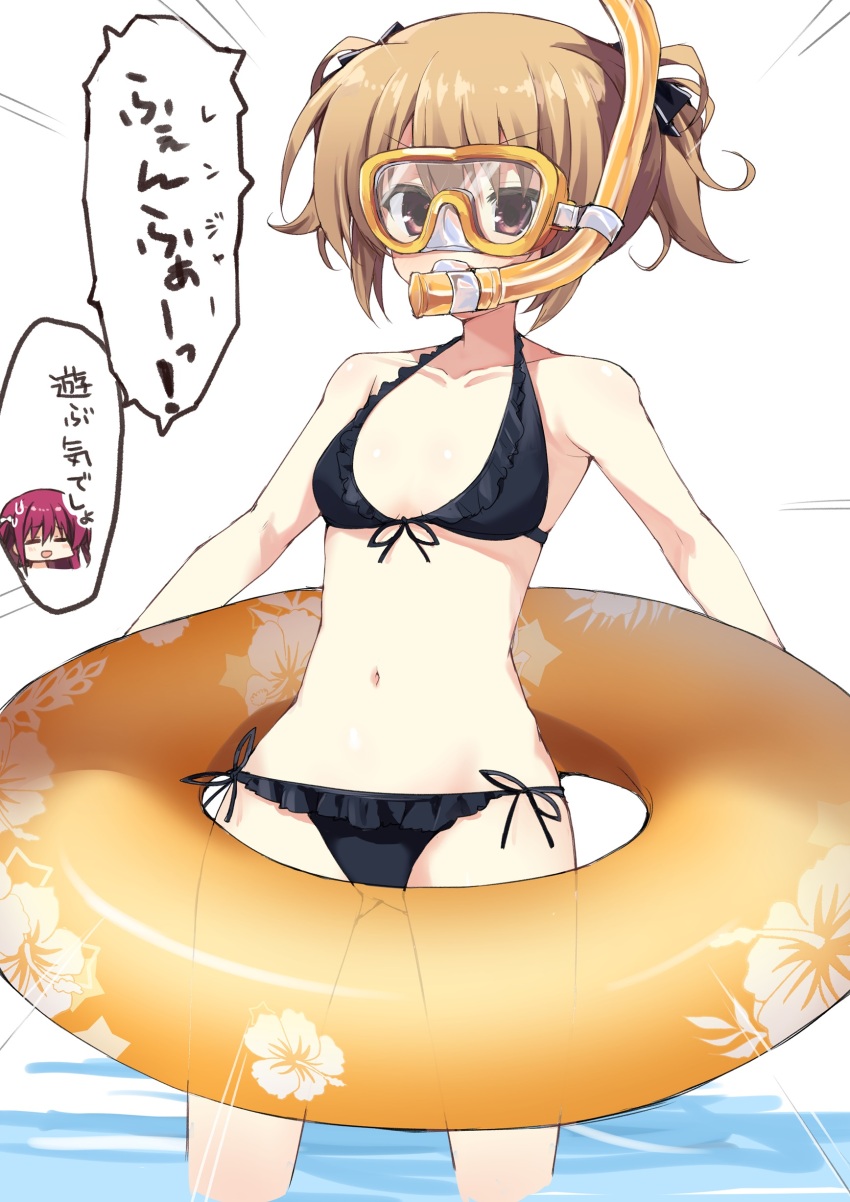 2girls absurdres bare_arms bare_shoulders bikini black_bikini black_ribbon breasts brown_hair collarbone commentary_request feet_out_of_frame frilled_bikini frills front-tie_bikini_top front-tie_top goggles grisaia_(series) grisaia_no_kajitsu hair_between_eyes hair_ribbon halterneck highres irisu_makina multiple_girls navel orange_innertube red_eyes ribbon short_hair side-tie_bikini_bottom simple_background small_breasts snorkel solo_focus speech_bubble standing suou_amane sweatdrop swim_ring swimsuit takepoison translation_request twintails v-shaped_eyebrows wading white_background