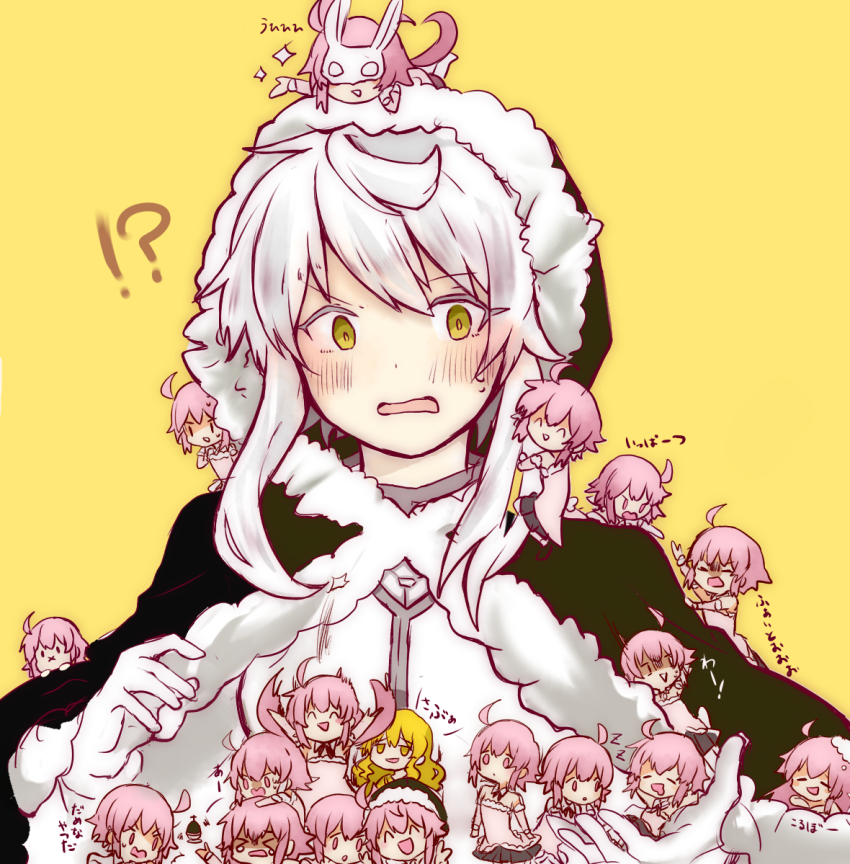 ! 6+girls :d ? ahoge bathing blush brown_eyes chibi chibi_on_head cloak corbeau_(madoka_magica) cowlick grey_hair isabeau_de_baviere_(madoka_magica) lapin_(madoka_magica) magia_record:_mahou_shoujo_madoka_magica_gaiden magical_girl mahou_shoujo_madoka_magica mahou_shoujo_tart_magica mask mother_and_daughter multiple_girls on_head open_mouth pink_eyes pink_hair poyo_75 rabbit_mask siblings sisters smile soul_gem spoken_exclamation_mark spoken_question_mark time_paradox wavy_hair yellow_background yellow_eyes