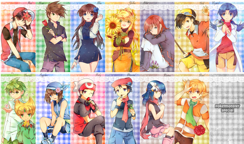 6+boys 6+girls barry_(pokemon) blonde_hair blue_eyes blue_flower blue_oak blue_rose brendan_(pokemon) brown_hair carnation dandelion dawn_(pokemon) emerald_(pokemon) ethan_(pokemon) facing_viewer flower green_(pokemon) green_hair hat hyacinth kris_(pokemon) lily_(flower) lily_of_the_valley looking_at_viewer lucas_(pokemon) marigold may_(pokemon) multiple_boys multiple_girls nintendo pokemon pokemon_adventures red_(pokemon) red_eyes red_hair rose scarf silver_(pokemon) sunflower tachiuo_(arines) tulip wally_(pokemon) yellow_(pokemon)