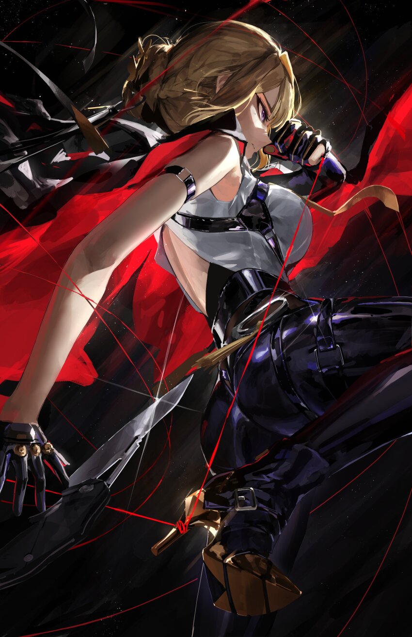 1girl absurdres arm_strap ass back black_background black_pants blonde_hair breasts chest_harness coat coat_on_shoulders elbow_gloves evelyn_chevalier from_side gloves half_gloves harness high-waist_pants high_heels highres latex_pants leg_up long_ribbon meltyrice mole mole_under_eye necktie pants purple_eyes ring_hair_ornament shirt single_elbow_glove single_half_glove solo string tight_clothes tight_pants white_shirt yellow_necktie zenless_zone_zero