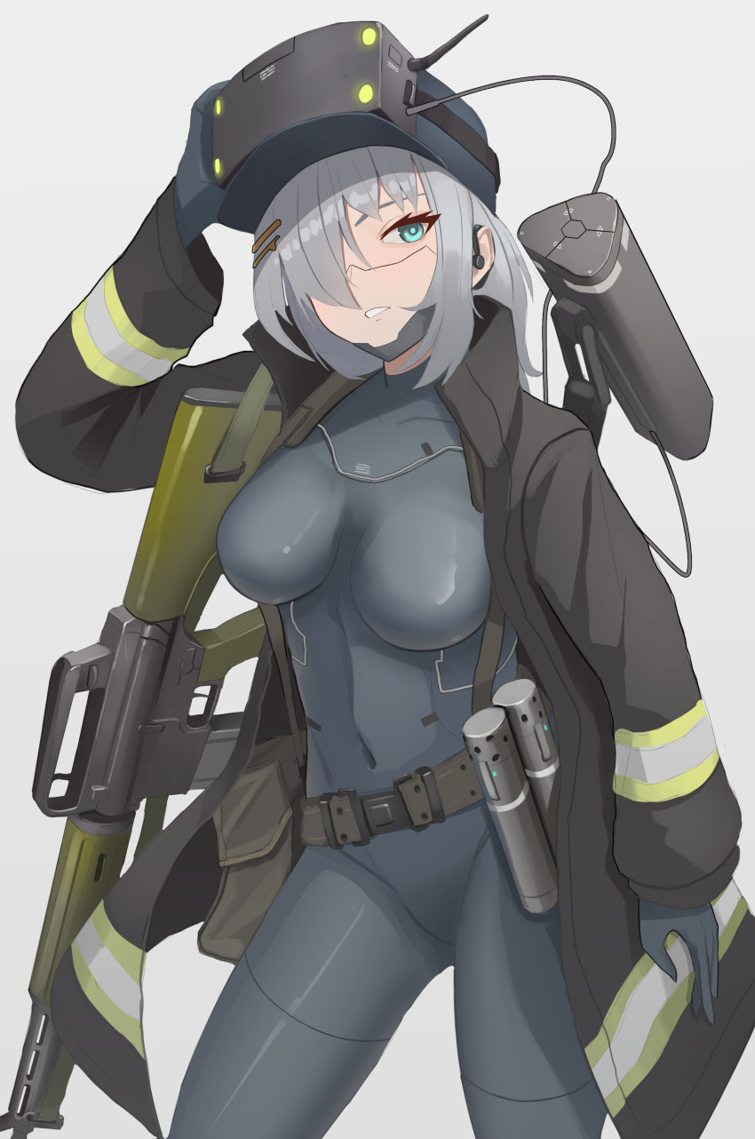 1girl absurdres ar-10 arm_up bag battle_rifle belt black_jacket bodysuit breasts brown_bag brown_belt cable commentary commission covered_navel cowboy_shot cyborg earpiece english_commentary explosive grenade grey_bodysuit grey_eyes grey_hair grin gun gun_sling hair_ornament hair_over_one_eye hairpin headset high-visibility_clothing high-visibility_jacket highres jacket joints klottinen long_sleeves looking_at_viewer machinery magazine_(weapon) mechanical_jaw medium_breasts medium_hair open_clothes open_jacket original rifle robot_joints satchel sidelocks simple_background smile solo standing weapon white_background