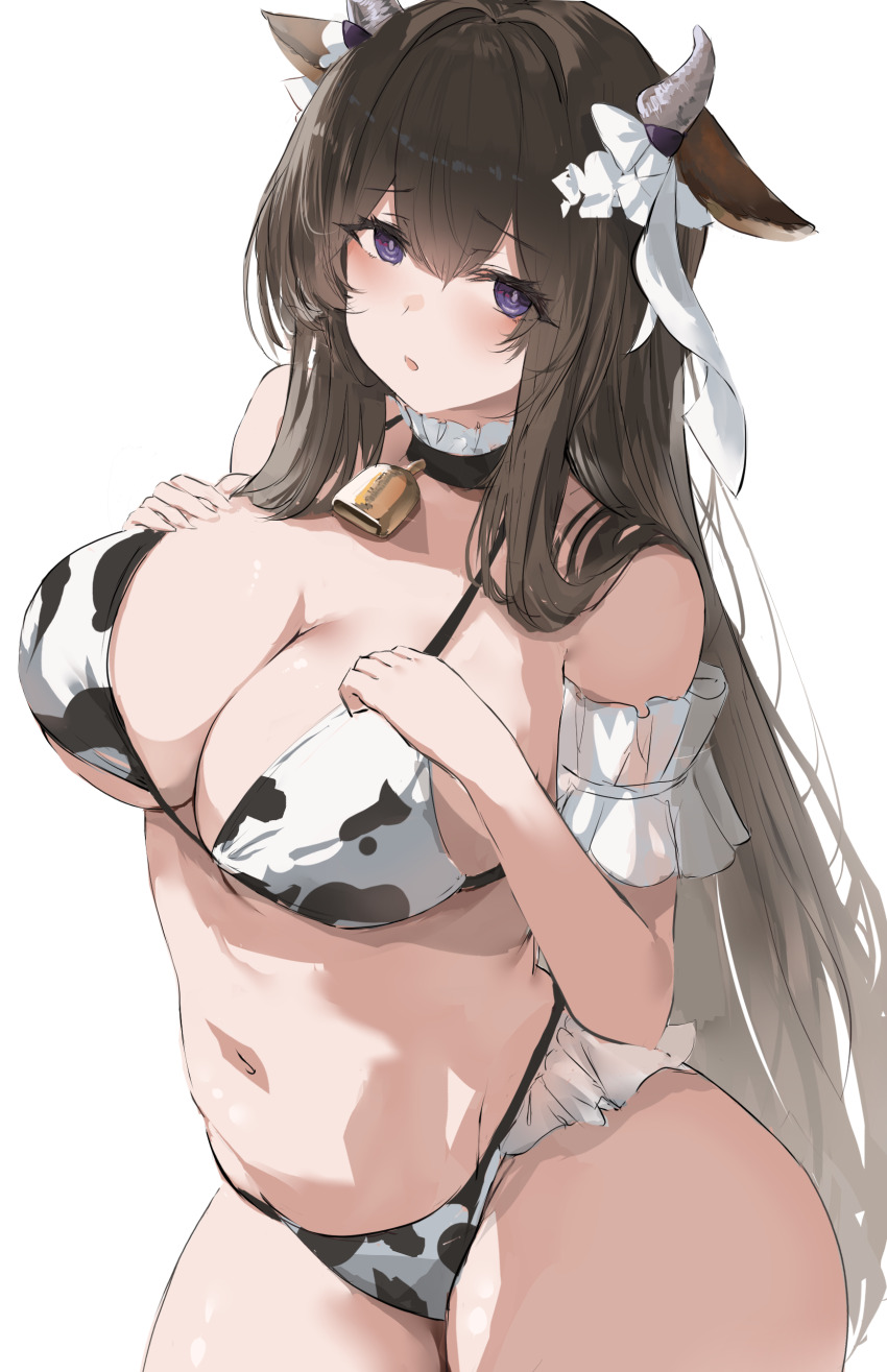 1girl absurdres animal_print azur_lane bikini black_hair blush breasts cleavage cow_horns cow_print cow_print_bikini highres horns kashino_(azur_lane) large_breasts liaowen long_hair looking_at_viewer navel parted_lips print_bikini purple_eyes simple_background solo stomach swimsuit white_background