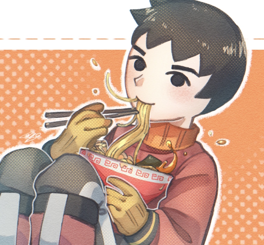 1boy black_eyes black_hair blush bowl brown_eyes brown_hair chopsticks commentary eating food food_on_face gloves highres holding holding_bowl holding_chopsticks holding_food jacket knees_up long_sleeves looking_at_viewer male_focus mii_(nintendo) mii_brawler mii_brawler_(smash_4) nintendo noodles nyo02921978 orange_background outline pants ramen red_jacket shirt short_hair signature simple_background sitting smile solo super_smash_bros. yellow_gloves