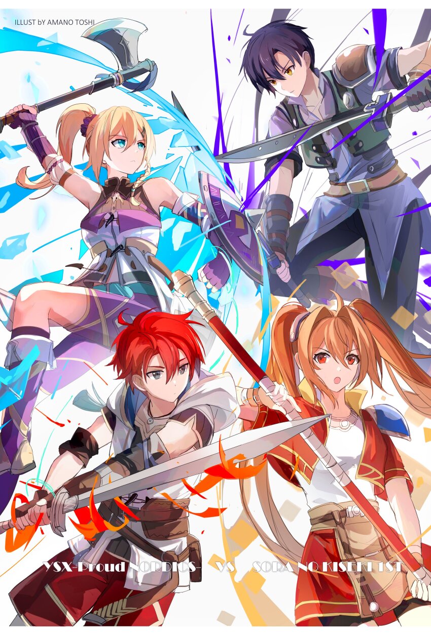 2boys 2girls absurdres adol_christin ahoge amano_toshi antenna_hair armor black_hair blonde_hair blue_eyes boots brown_hair cropped_jacket double-parted_bangs dual_wielding eiyuu_densetsu english_text estelle_bright fingerless_gloves floating_hair gloves hair_between_eyes hair_intakes highres holding holding_shield holding_staff holding_sword holding_weapon hood hoodie joshua_bright karja_balta long_hair multiple_boys multiple_girls parted_bangs pauldrons red_eyes red_hair shield short_hair shorts shoulder_armor single_pauldron skirt sleeveless sora_no_kiseki staff sword weapon yellow_eyes ys ys_x:_nordics