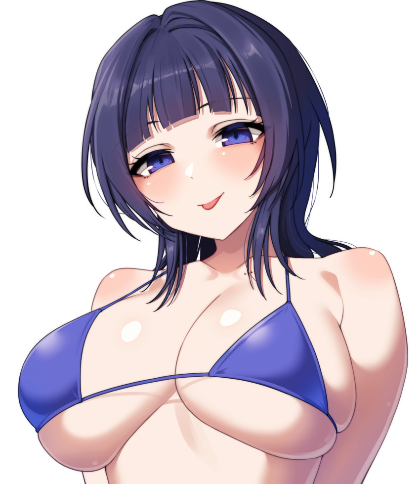 1girl :p armpit_crease asaka_karin bikini blue_bikini blue_eyes blue_hair blunt_bangs breasts cleavage collarbone highres large_breasts looking_at_viewer love_live! love_live!_nijigasaki_high_school_idol_club medium_hair mole mole_on_collarbone nasuno_(nasuno42) simple_background skindentation solo swimsuit tongue tongue_out upper_body white_background