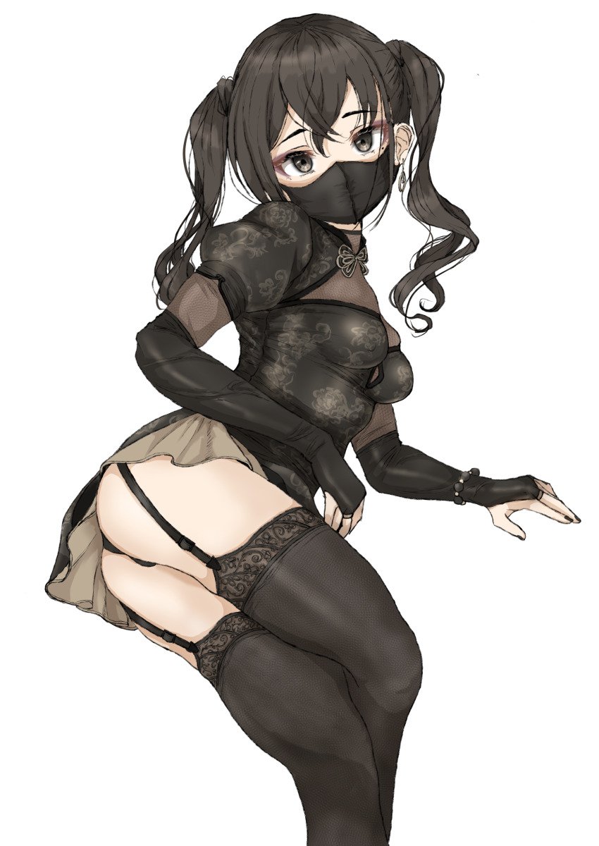 1girl absurdres ass black_hair black_mask black_panties china_dress chinese_clothes choker commentary curly_hair dress earrings fingerless_gloves garter_belt garter_straps gatsby_ssl gloves hazel_eyes highres idolmaster idolmaster_cinderella_girls jewelry looking_at_viewer mask miniskirt mouth_mask nail_polish panties skirt solo sunazuka_akira thighhighs twintails underwear white_background