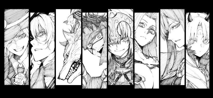 4boys 4girls angra_mainyu_(fate) antonio_salieri_(fate) antonio_salieri_(second_ascension)_(fate) bandages breasts cape edmond_dantes_(fate) facial_mark fate/grand_order fate/hollow_ataraxia fate_(series) fedora forehead_mark formal_clothes fur-trimmed_cape fur_collar fur_trim gorgon_(fate) greyscale hat headband headless headpiece hessian_(fate) highres horns huge_breasts ishtar_(fate) jeanne_d&#039;arc_(fate) jeanne_d&#039;arc_(ruler)_(fate) jeanne_d&#039;arc_alter_(avenger)_(fate) jeanne_d&#039;arc_alter_(fate) large_breasts lobo_(fate) medusa_(fate) medusa_(rider)_(fate) monochrome monster_girl multiple_boys multiple_girls oda_nobunaga_(fate) oda_nobunaga_(koha-ace) oda_nobunaga_(maou_avenger)_(fate) pinstripe_pattern pinstripe_suit rider ringed_eyes slit_pupils space_ishtar_(fate) space_ishtar_(third_ascension)_(fate) star-shaped_pupils star_(symbol) striped_suit suit symbol-shaped_pupils tattoo topless_male trait_connection tsukamoto_minori wolf