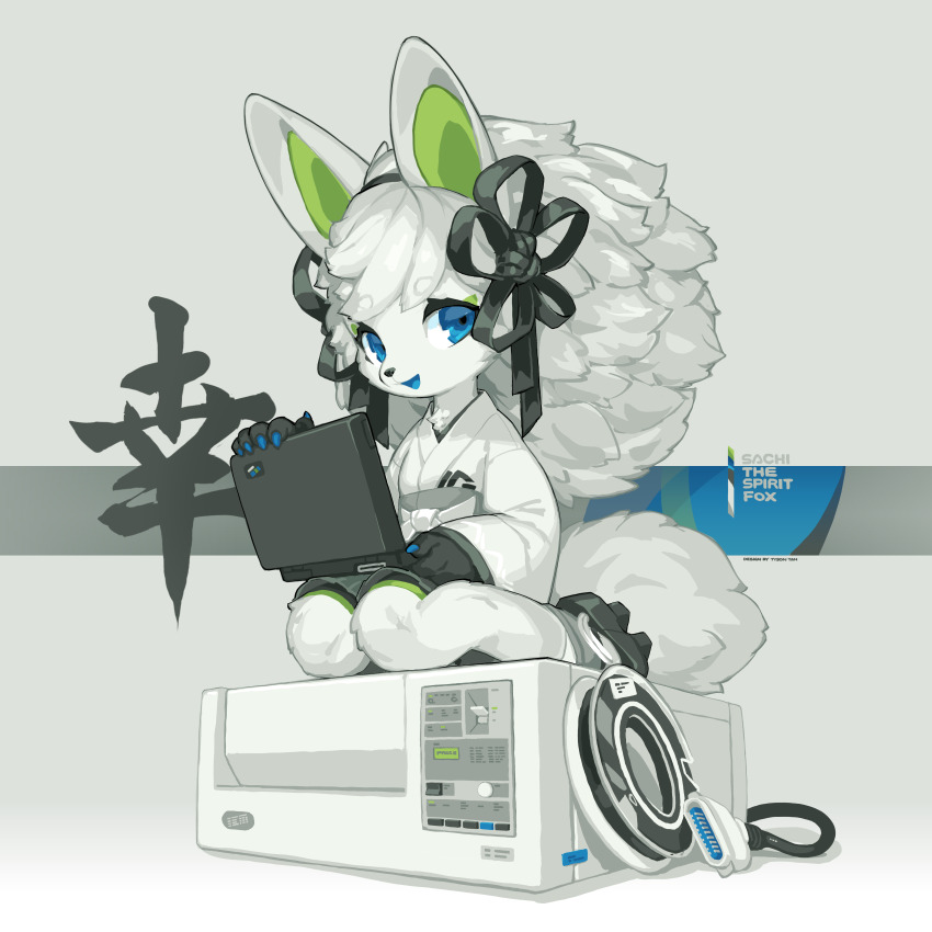 1girl absurdres animal_ears bike_shorts blue_eyes blue_nails blue_tongue cable chest_tuft chinese_commentary chinese_text colored_tongue commentary computer english_commentary eyeliner flat_chest flower_knot fluffy_hair fox fox_ears fox_girl fox_tail furry furry_female geta green_eyeliner grey_fur grey_hair hakama hakama_short_skirt hakama_skirt highres holding holding_laptop japanese_clothes kimono kneeling kosode krita_(medium) laptop long_hair looking_at_viewer magnetic_tape makeup mascot miko open_mouth original sachi_the_spirit_fox signature simple_background sitting skirt smile socks spirit_animals_in_disguise tail tape_drive three_quarter_view tyson_tan